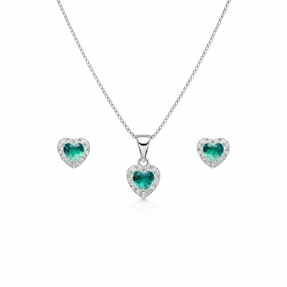 Corrente Pingente Brincos Coração Verde Água Prata 925
