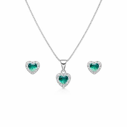 Corrente Pingente Brincos Coração Verde Água Prata 925