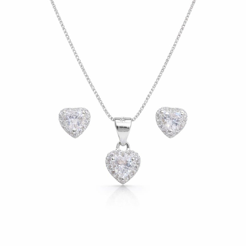 Corrente Pingente e Brincos Coração Branca Prata 925