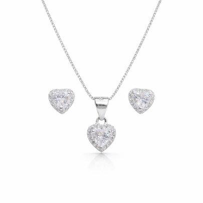 Corrente Pingente e Brincos Coração Branca Prata 925