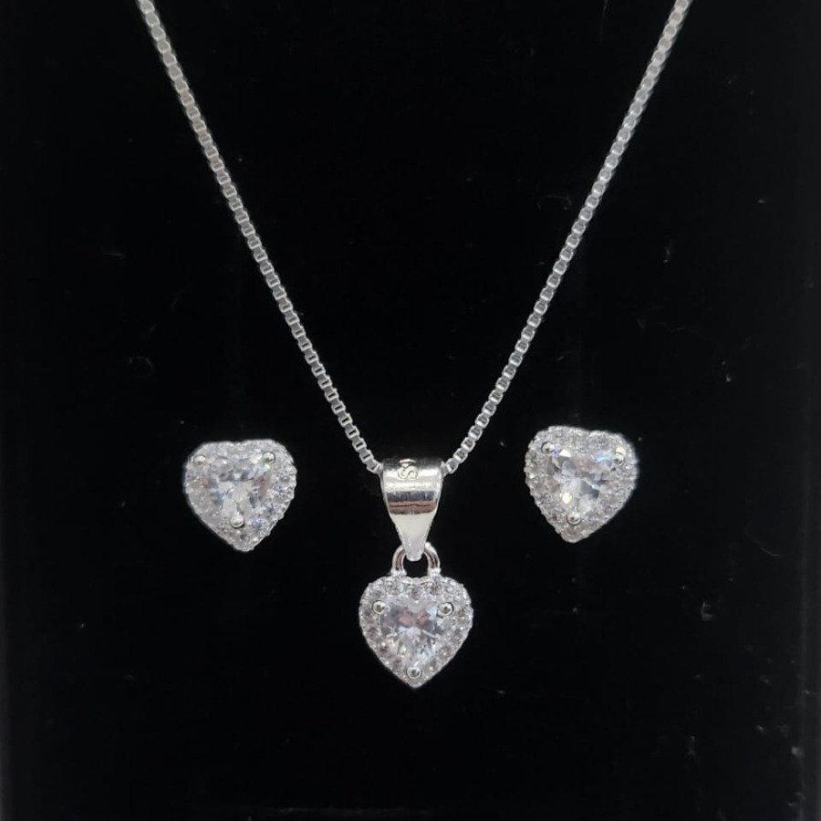 Corrente Pingente e Brincos Coração Branca Prata 925