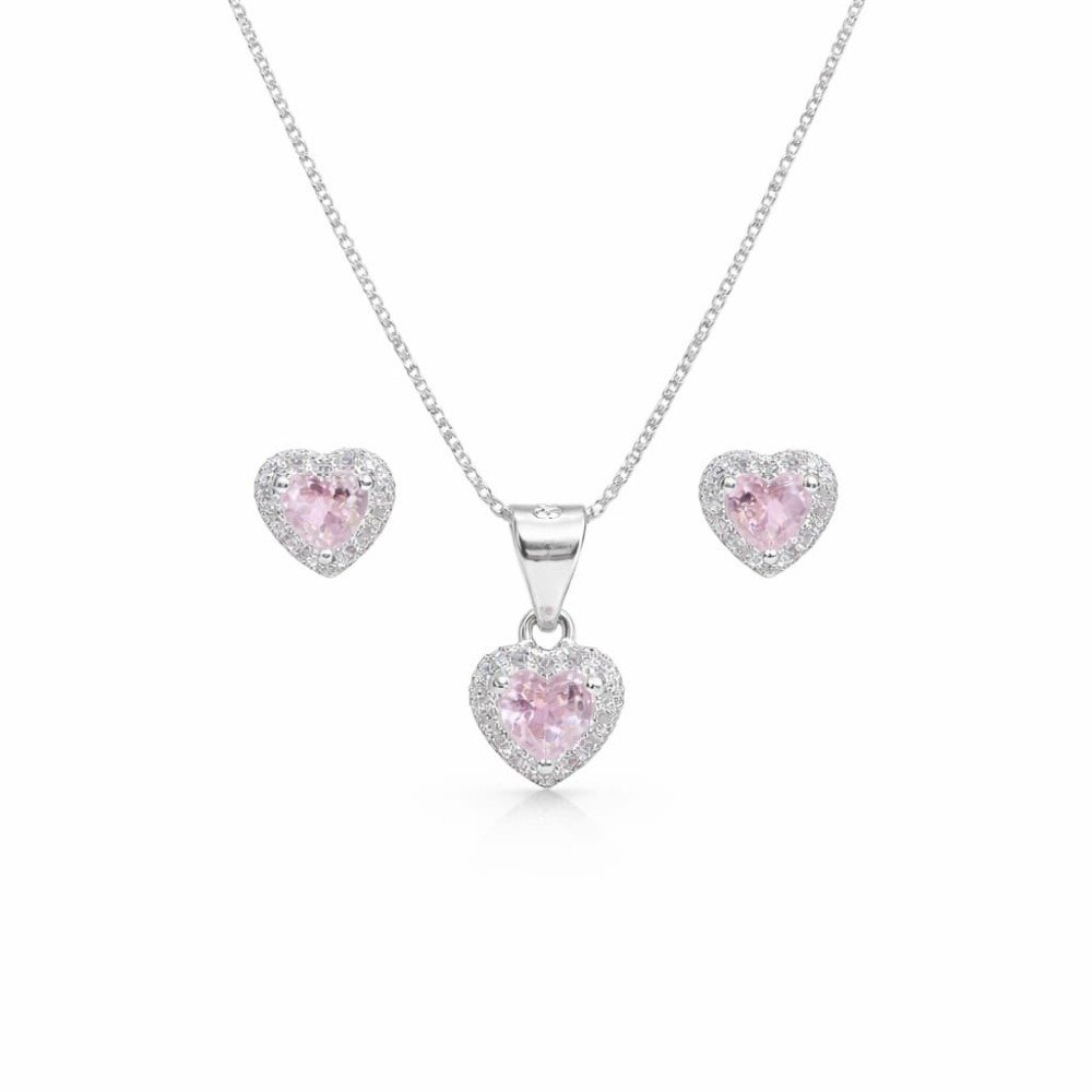 Corrente Pingente Brincos Coração Rosa Claro Prata 925