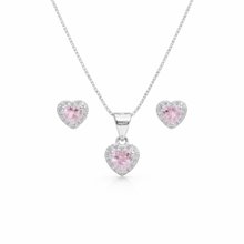 Corrente Pingente Brincos Coração Rosa Claro Prata 925