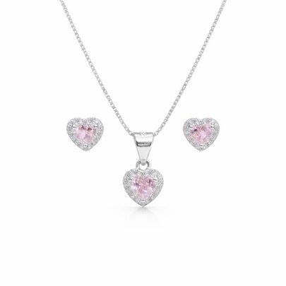 Corrente Pingente Brincos Coração Rosa Claro Prata 925