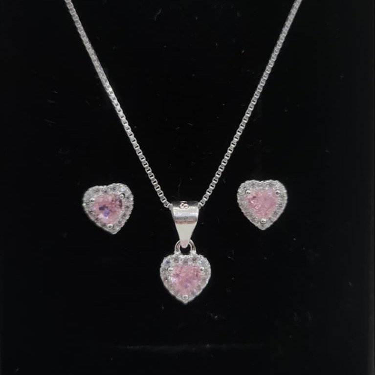 Corrente Pingente Brincos Coração Rosa Claro Prata 925