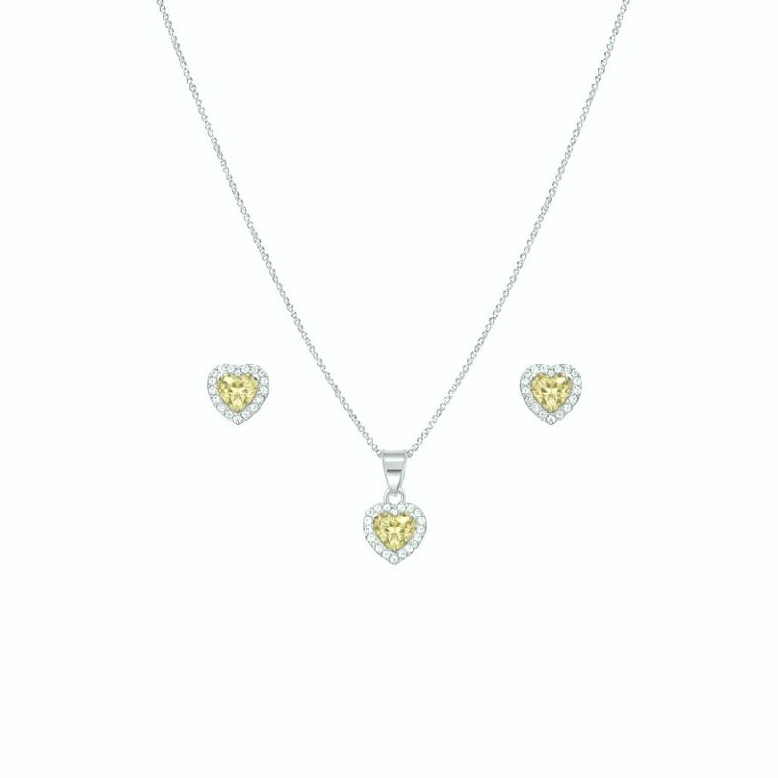 Corrente Pingente e Brincos Coração Amarelo Prata 925