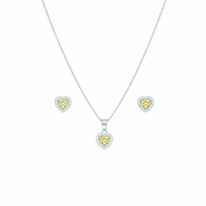 Corrente Pingente e Brincos Coração Amarelo Prata 925