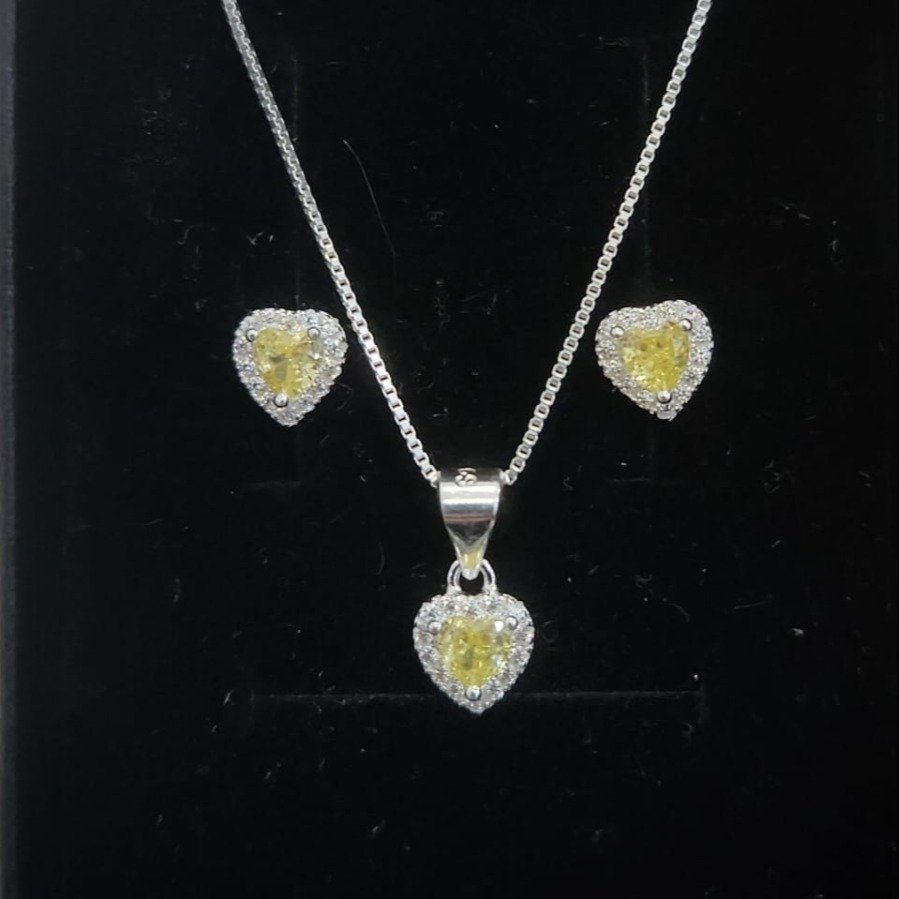 Corrente Pingente e Brincos Coração Amarelo Prata 925