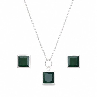 Conjunto Pedras Quadradas Verde Prata 925