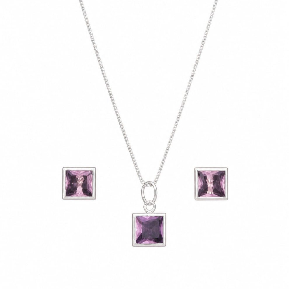 Conjunto Pedras Quadradas Rosa Prata 925