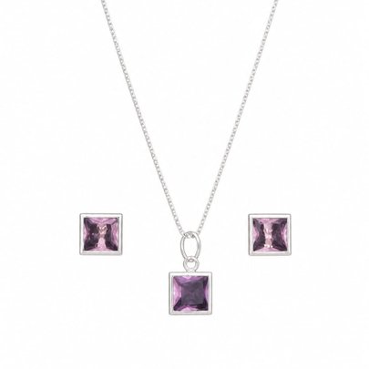 Conjunto Pedras Quadradas Rosa Prata 925