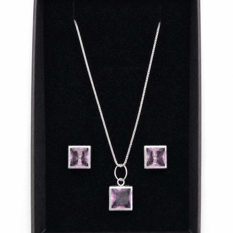 Conjunto Pedras Quadradas Rosa Prata 925