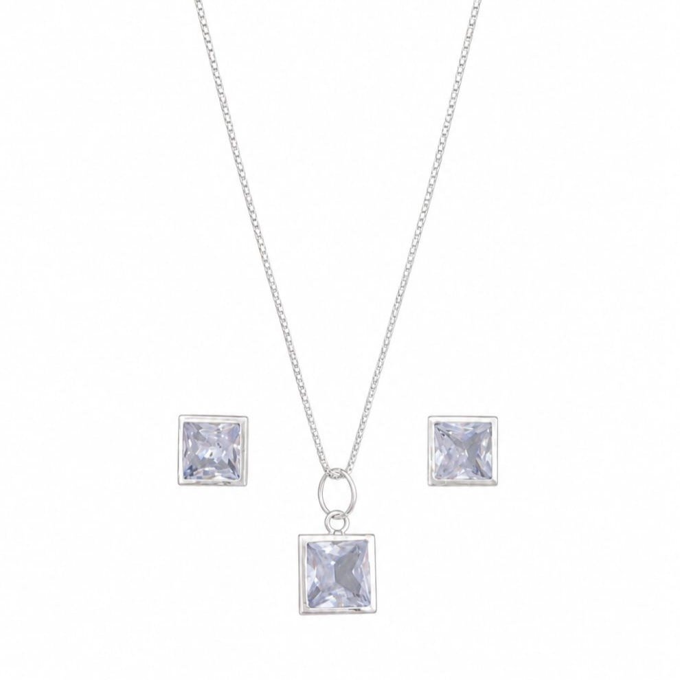Conjunto Pedras Quadradas Branca Prata 925