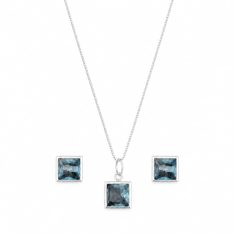 Conjunto Pedras Quadradas Azul Claro Prata 925
