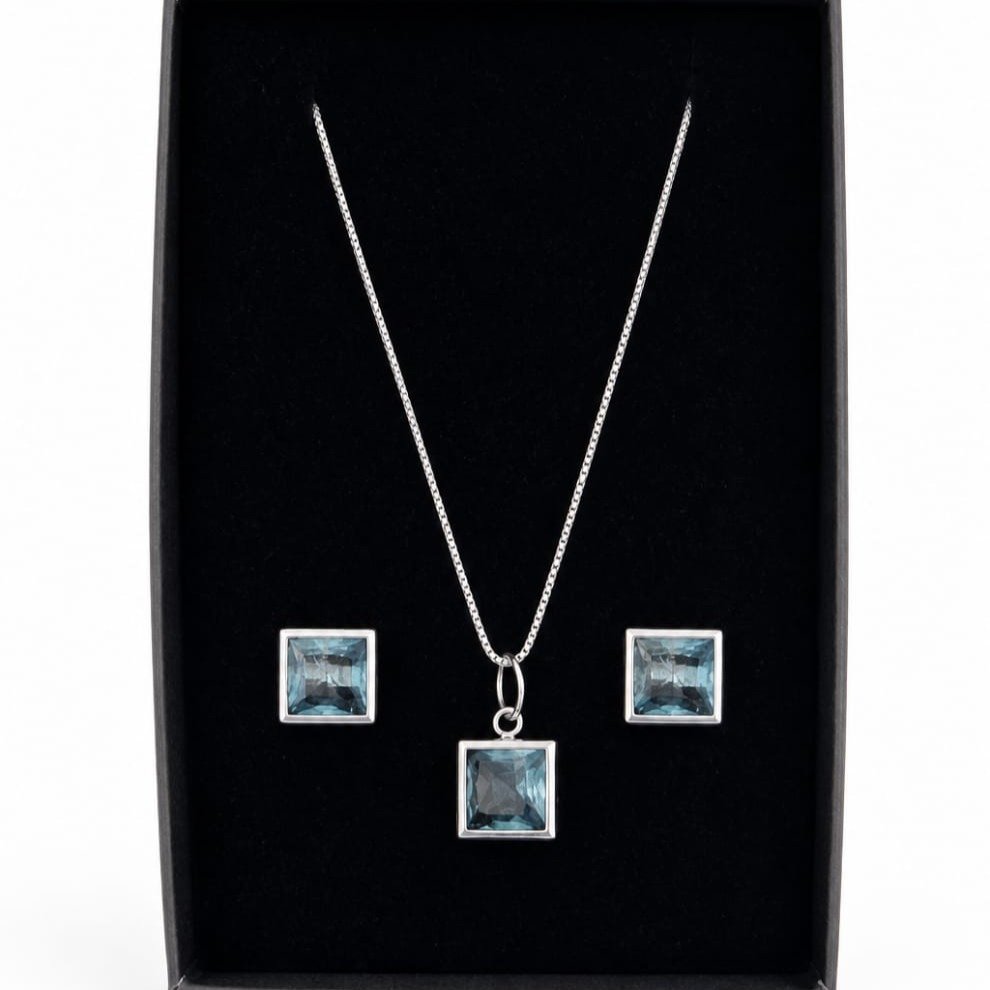 Conjunto Pedras Quadradas Azul Claro Prata 925