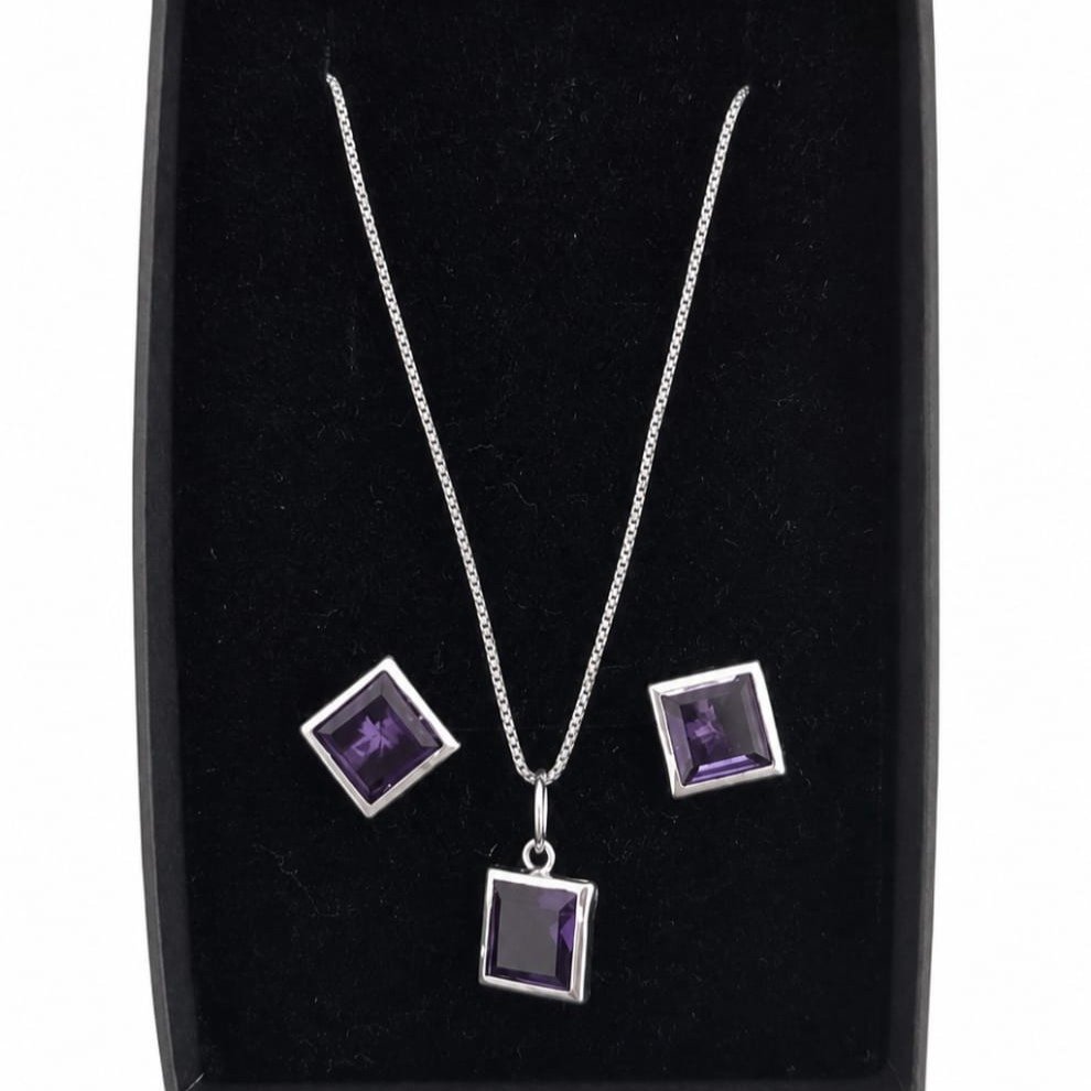 Conjunto Pedras Quadradas Roxo Prata 925