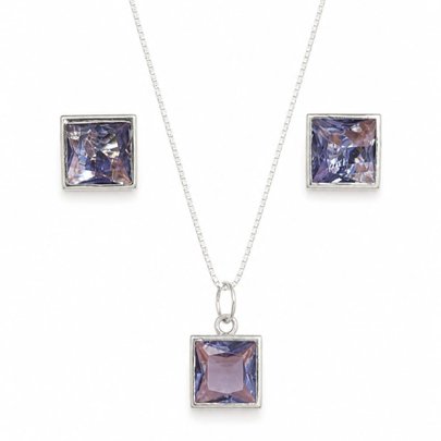 Conjunto Pedras Quadradas Roxo Claro Prata 925