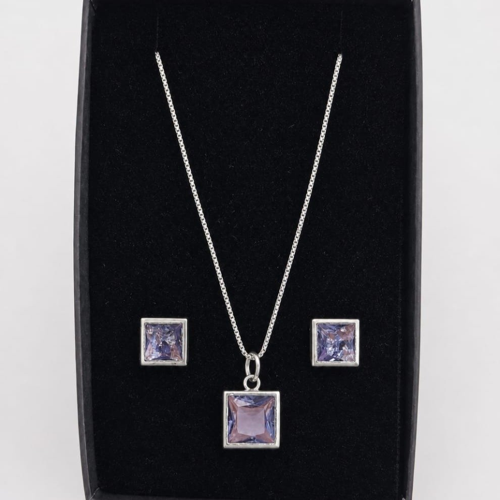 Conjunto Pedras Quadradas Roxo Claro Prata 925