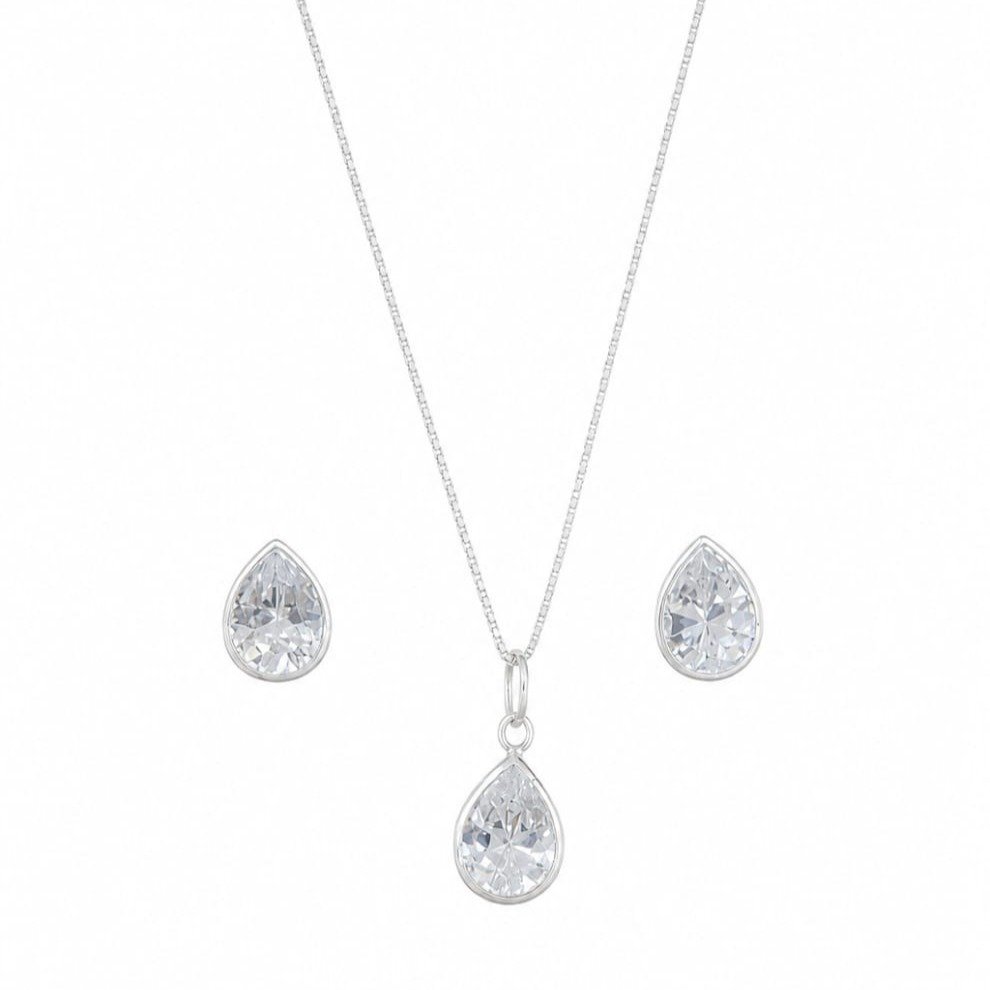 Conjunto Ponto De Luz Gota Pedra Branca Prata 925