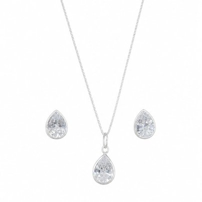 Conjunto Ponto De Luz Gota Pedra Branca Prata 925
