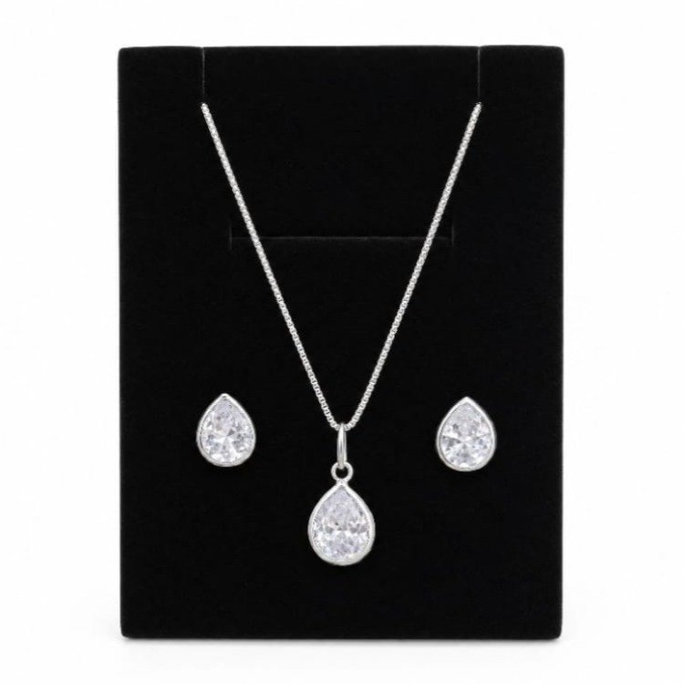 Conjunto Ponto De Luz Gota Pedra Branca Prata 925