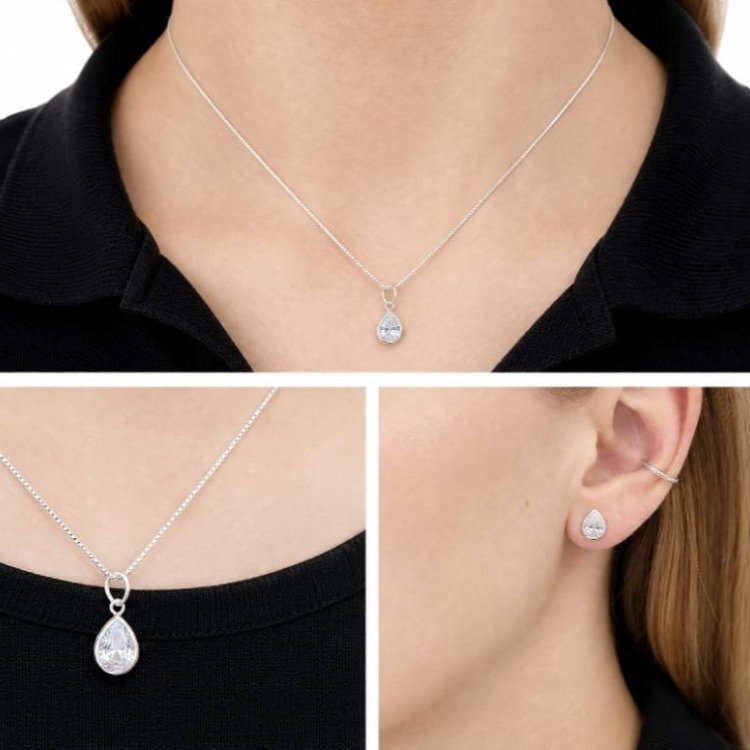 Conjunto Ponto De Luz Gota Pedra Branca Prata 925
