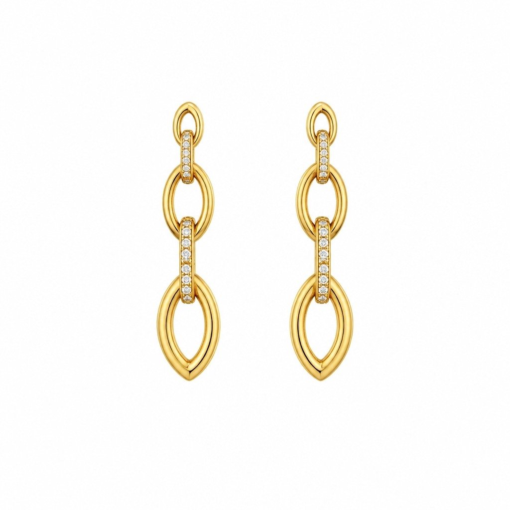 Brinco Comprido Elos com Zircônias Banho de Ouro 18k