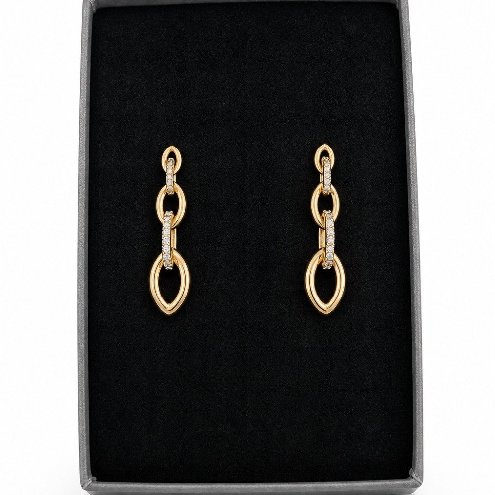 Brinco Comprido Elos com Zircônias Banho de Ouro 18k