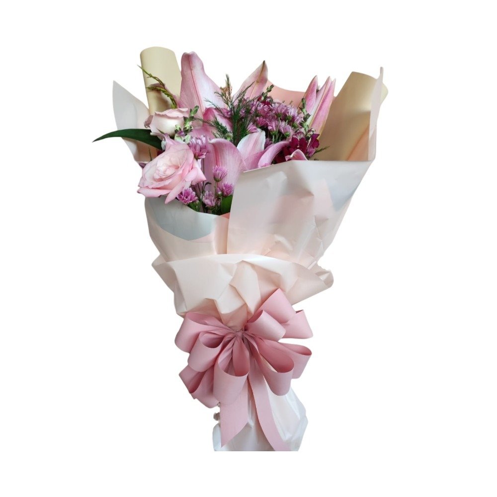Buquê Lírios, Rosas Cor de Rosa e Flor do Campo Lilás