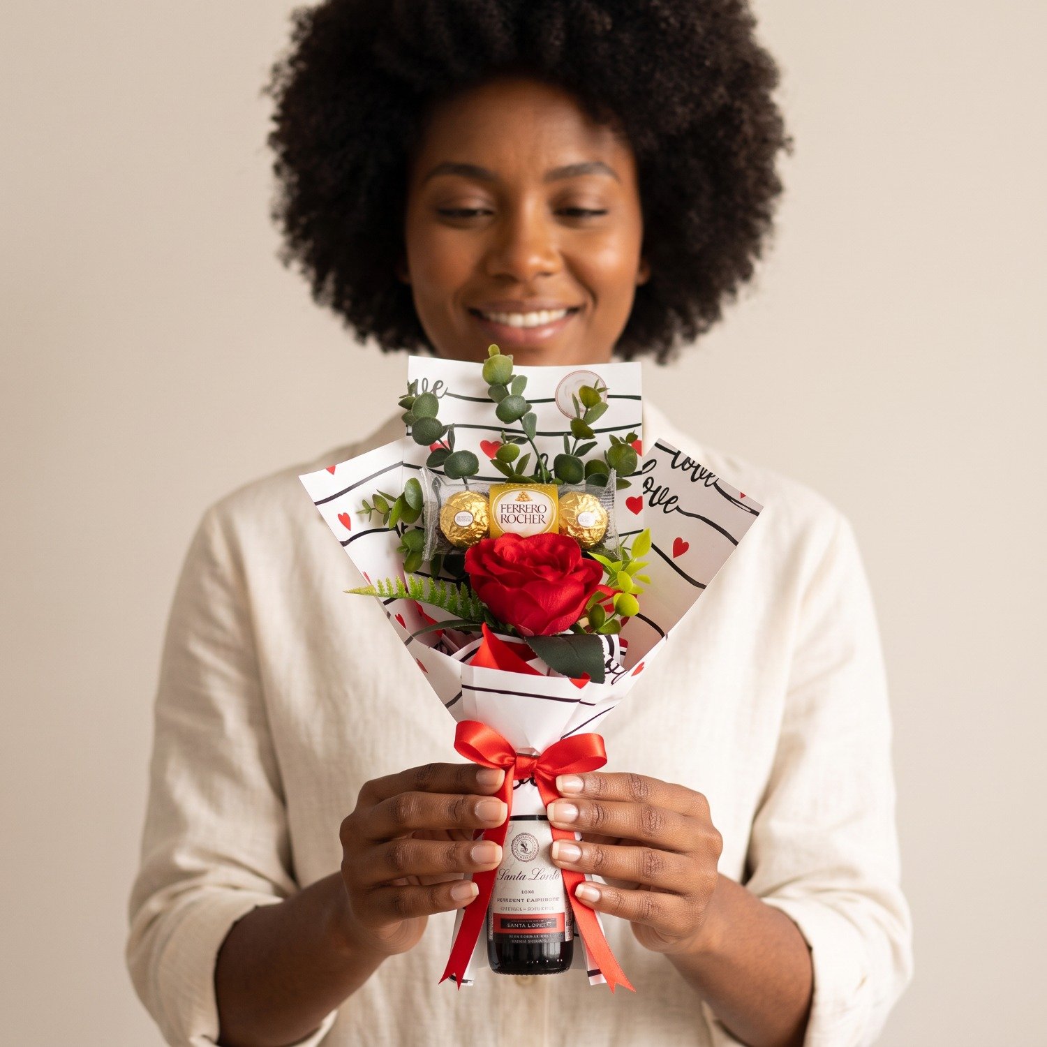 Buquê No Mini Vinho Santa Loreto Com Ferrero Rocher