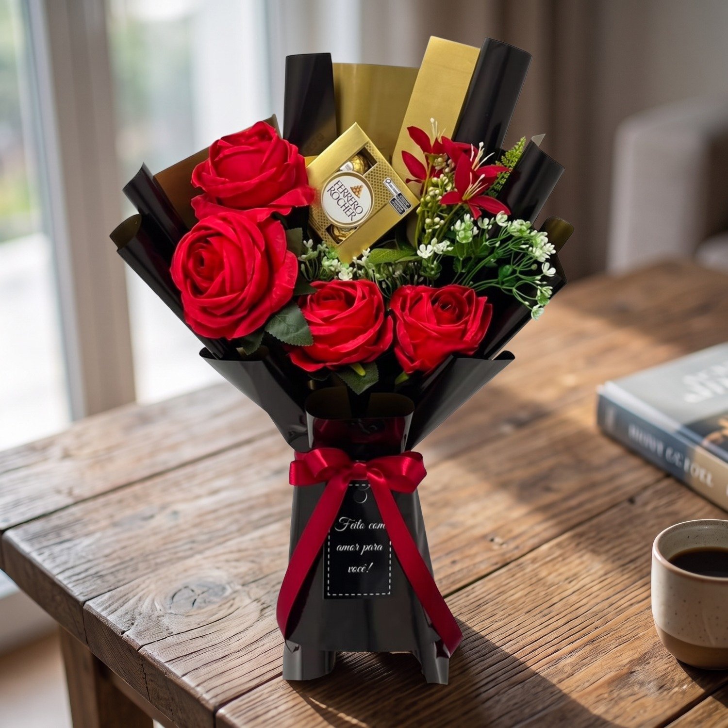 Buquê Preto Com Rosas Vermelhas e Ferrero