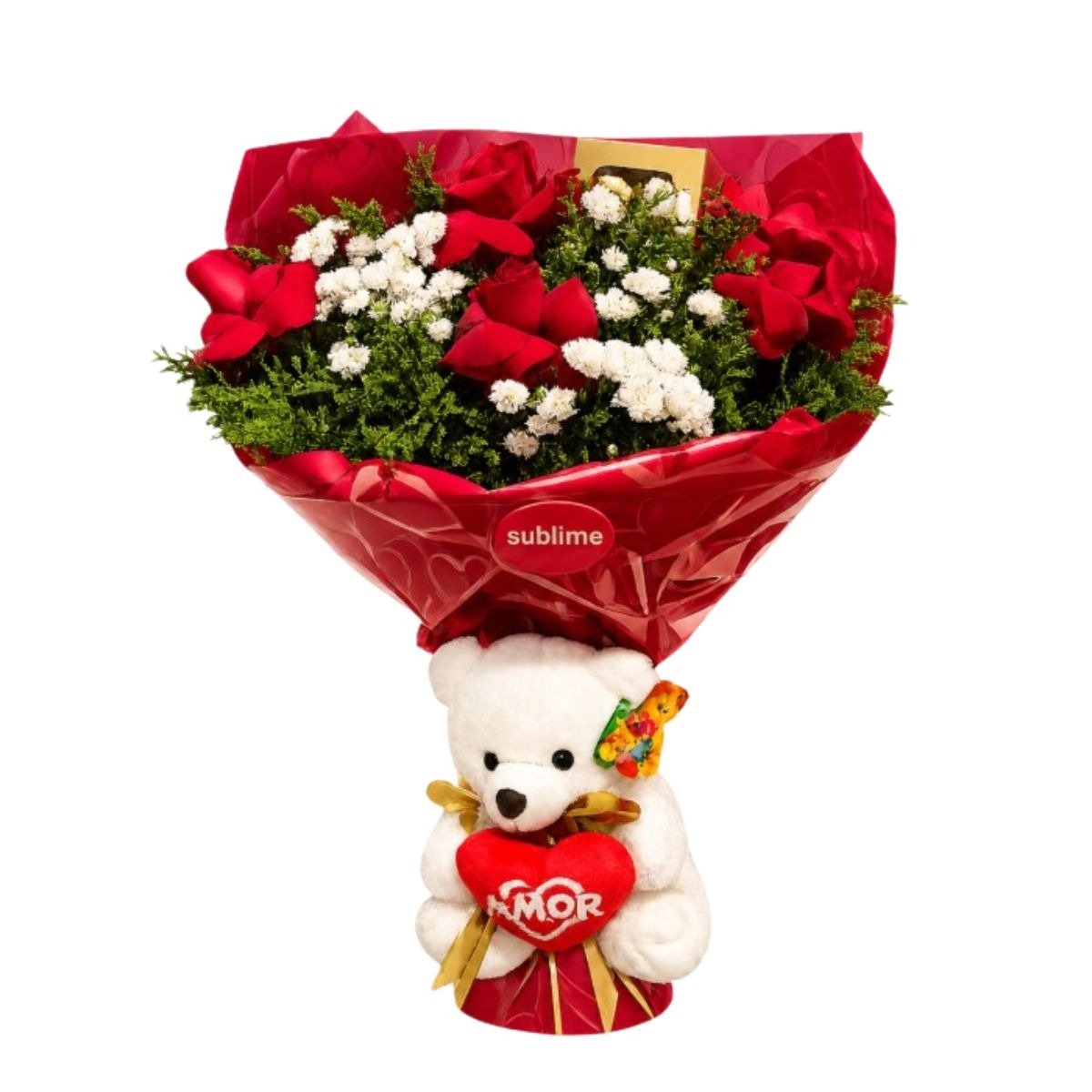 Doce Encanto 6 Rosas, Ferrero Rocher e  Mini Urso