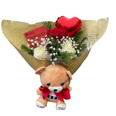 Buquê Mix Rosas, Ursinho & Balão Coração