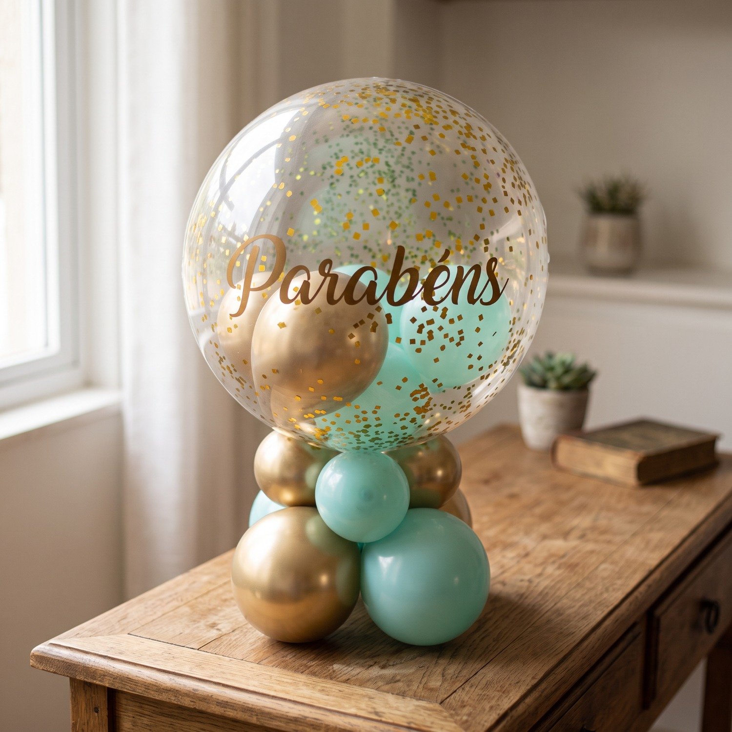 Balão de Parabéns Dourado e Verde Água