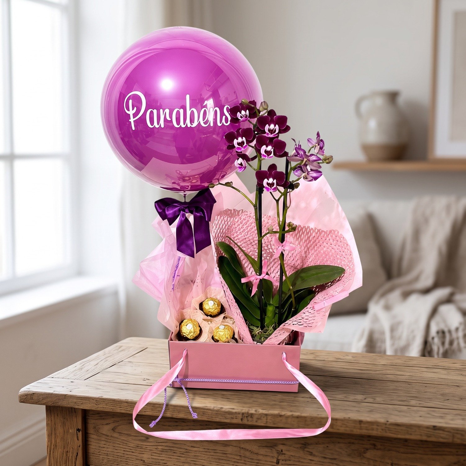Presente Mini Orquídea Natural, Chocolate e Balão