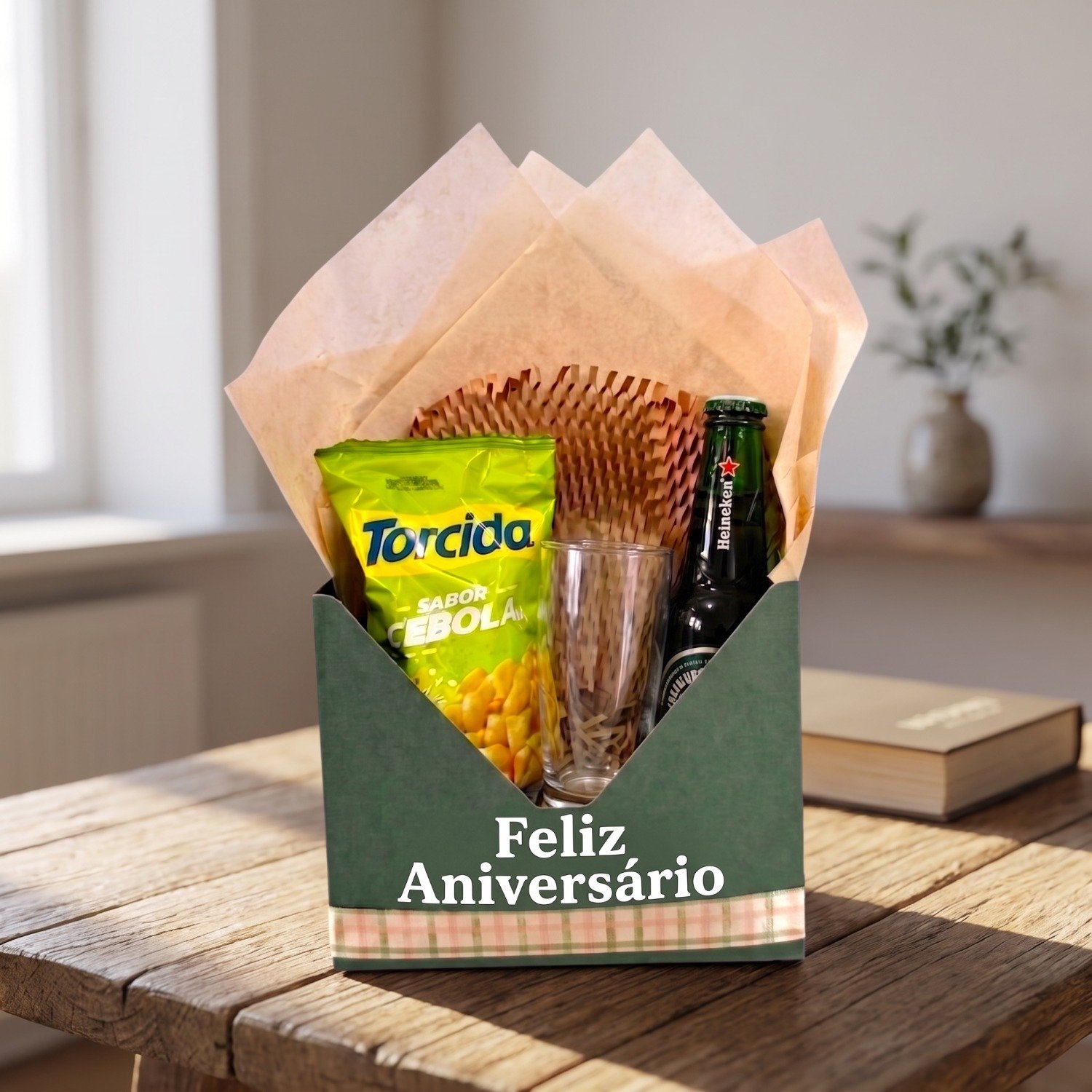 Cesta Feliz Aniversário Cerveja, Copo e Salgadinho