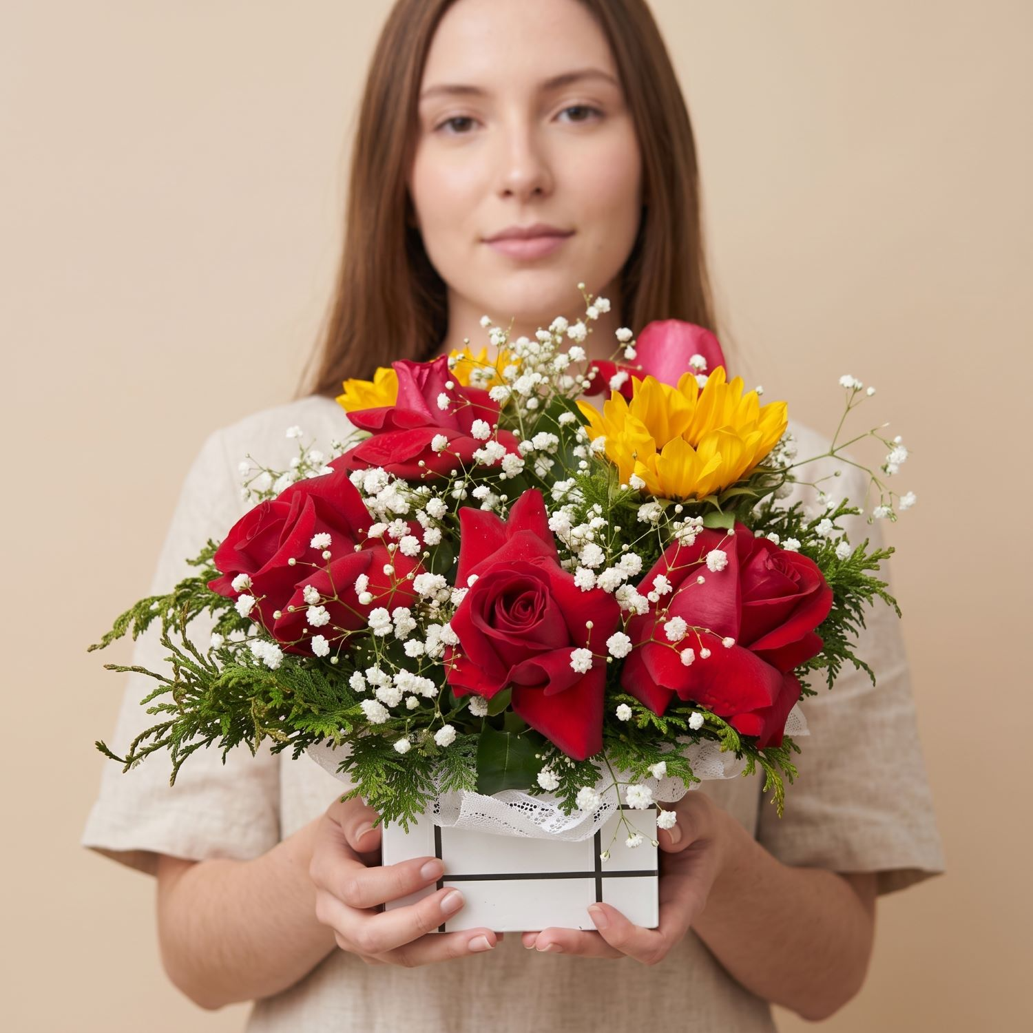 Arranjo de Girassóis e Rosas Vermelhas 