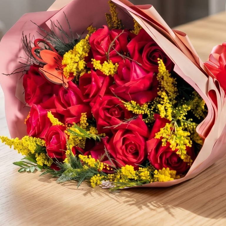 Buquê de 12 Rosas Vermelhas e Folhagens 
