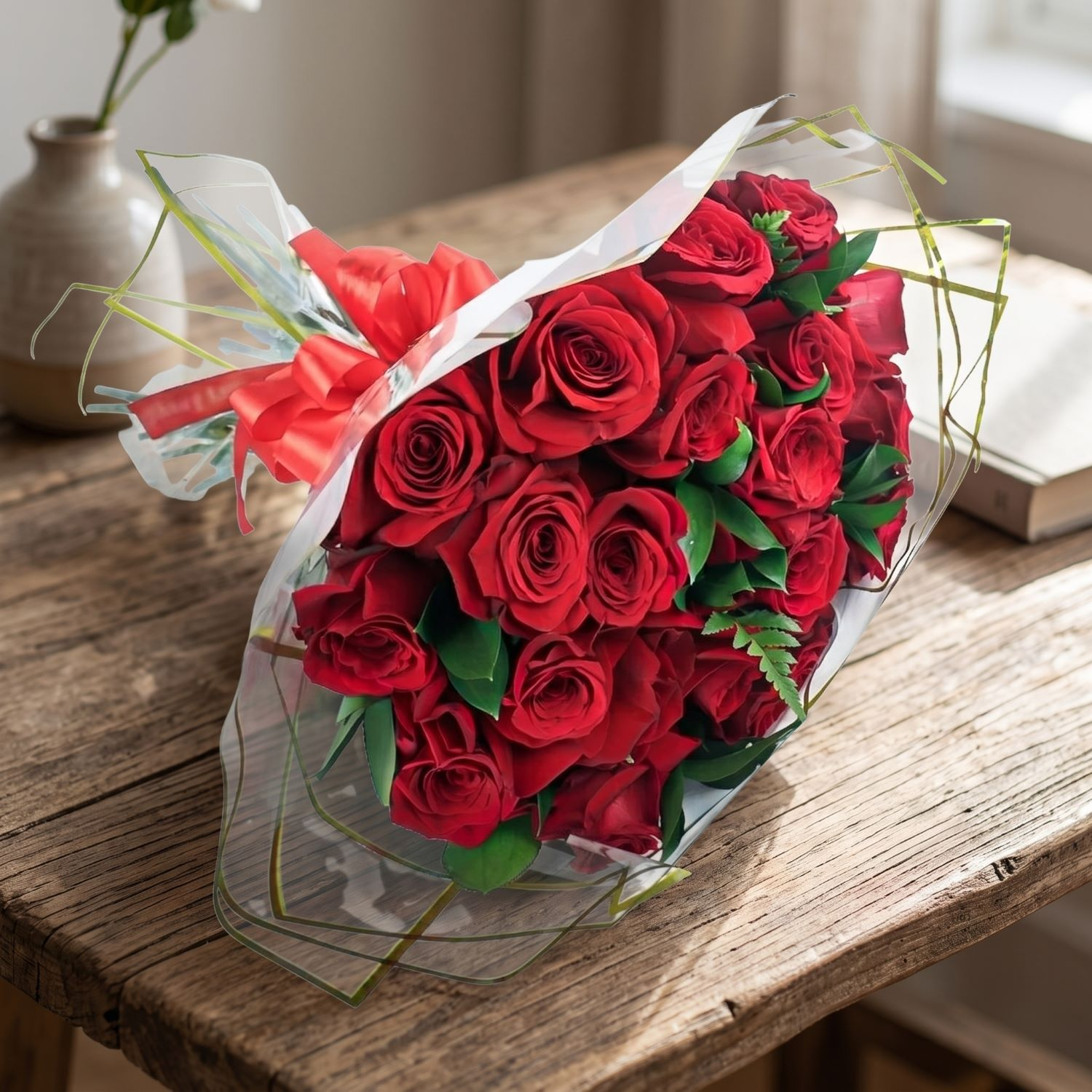 Buquê de 20 Rosas Vermelhas e Folhagens 