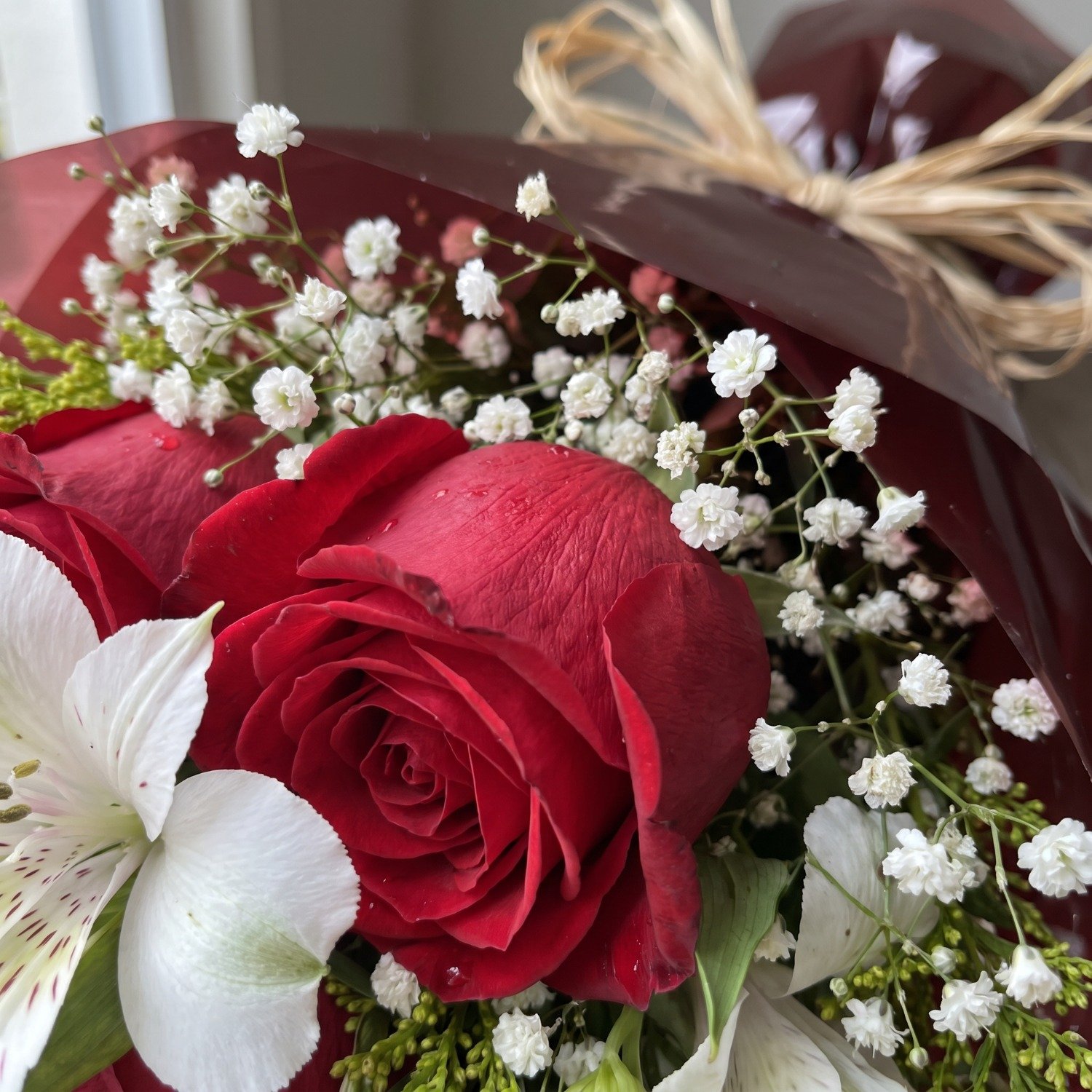 Buque 6 rosas e gypsophila