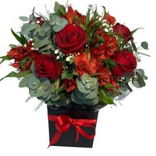 Caixa de Rosa e Astromélia Vermelha 