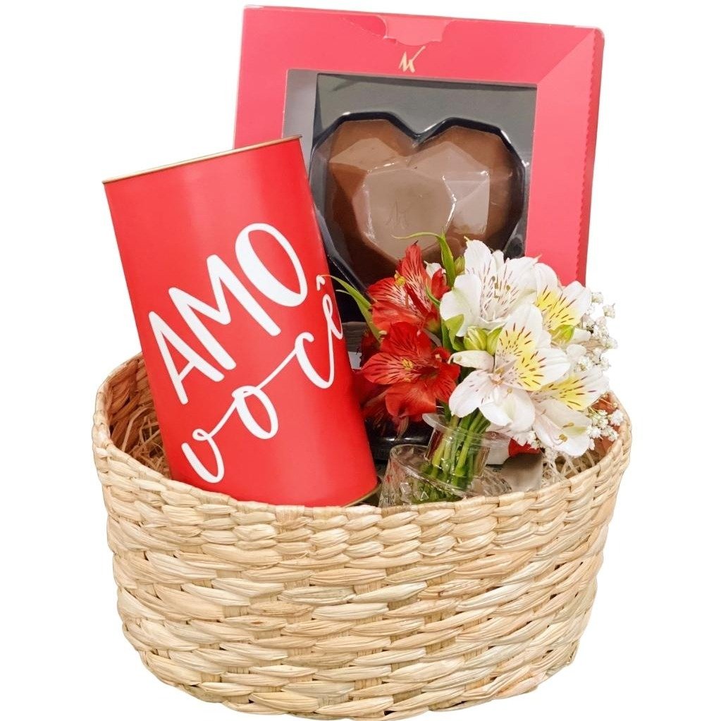 Cesta com flores, pipoca & coração de chocolate Kopenhagen Nova Flor