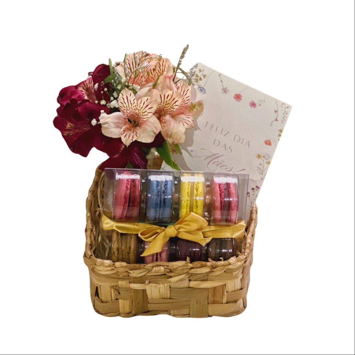 Cesta Dia das Mães com Flores e Macarons