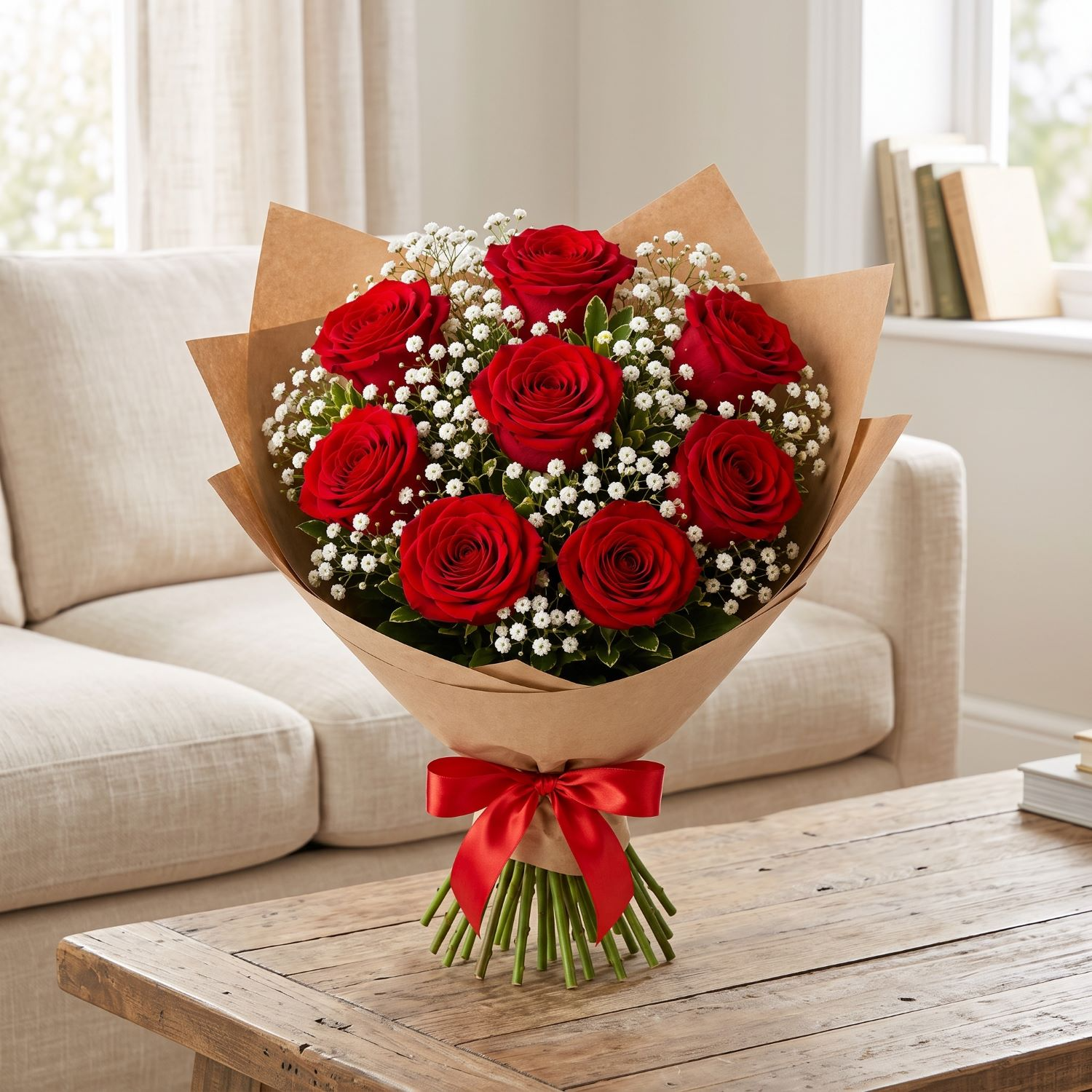 Buquê Luxo Italia 8 Rosas Vermelhas com Folhagem