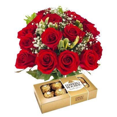 Buquê de 12 Rosas Vermelhas com Mosquitinho e Ferrero Rocher