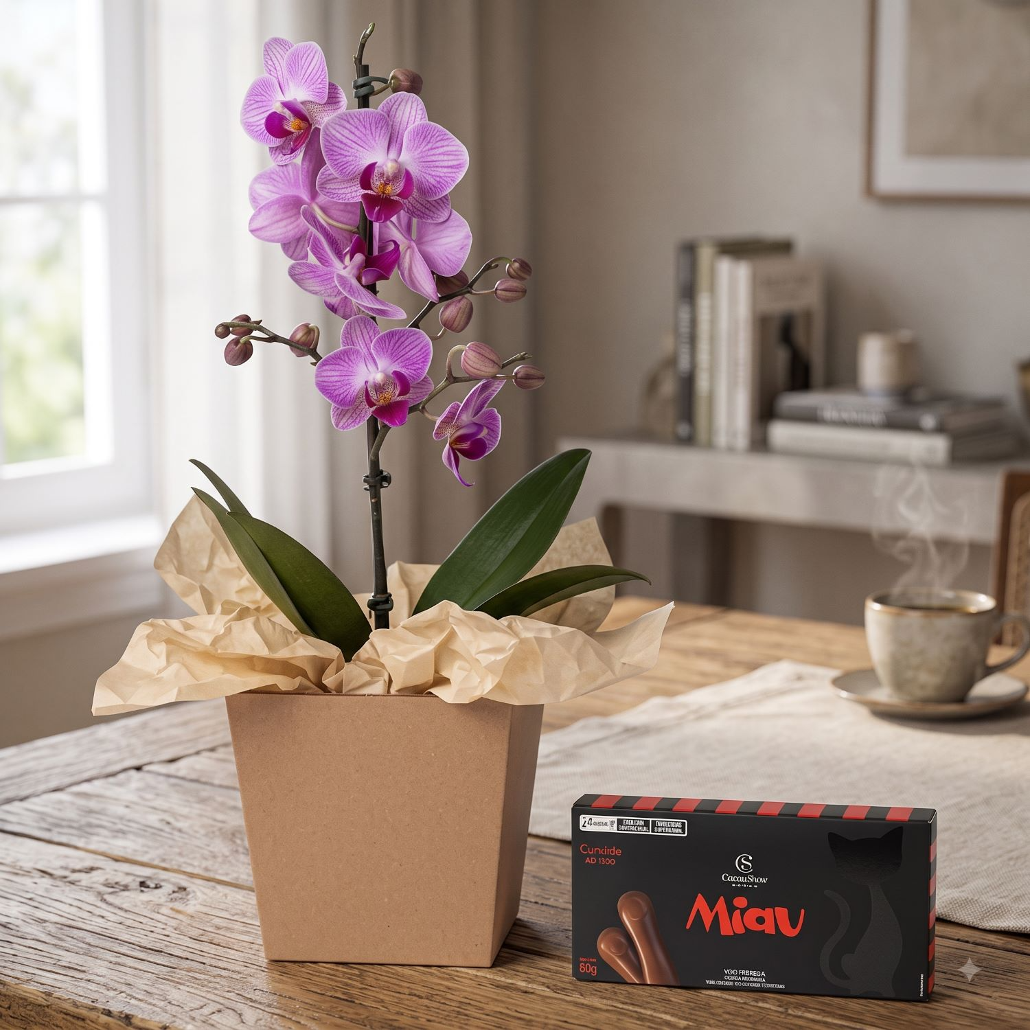 Mini Orquídea Lilás com Chocolate Língua de Gato Miau 