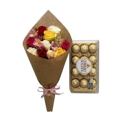 Buquê Rosas Coloridas Com Ferrero Rocher 12 Unid.