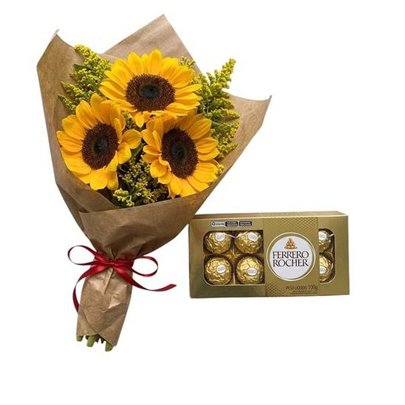 Buquê 3 Girassóis Com Ferrero Rocher 8 Unid.
