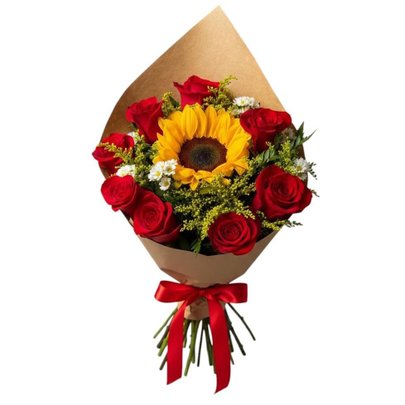 Buquê Rosas Vermelhas Com Único Girassol