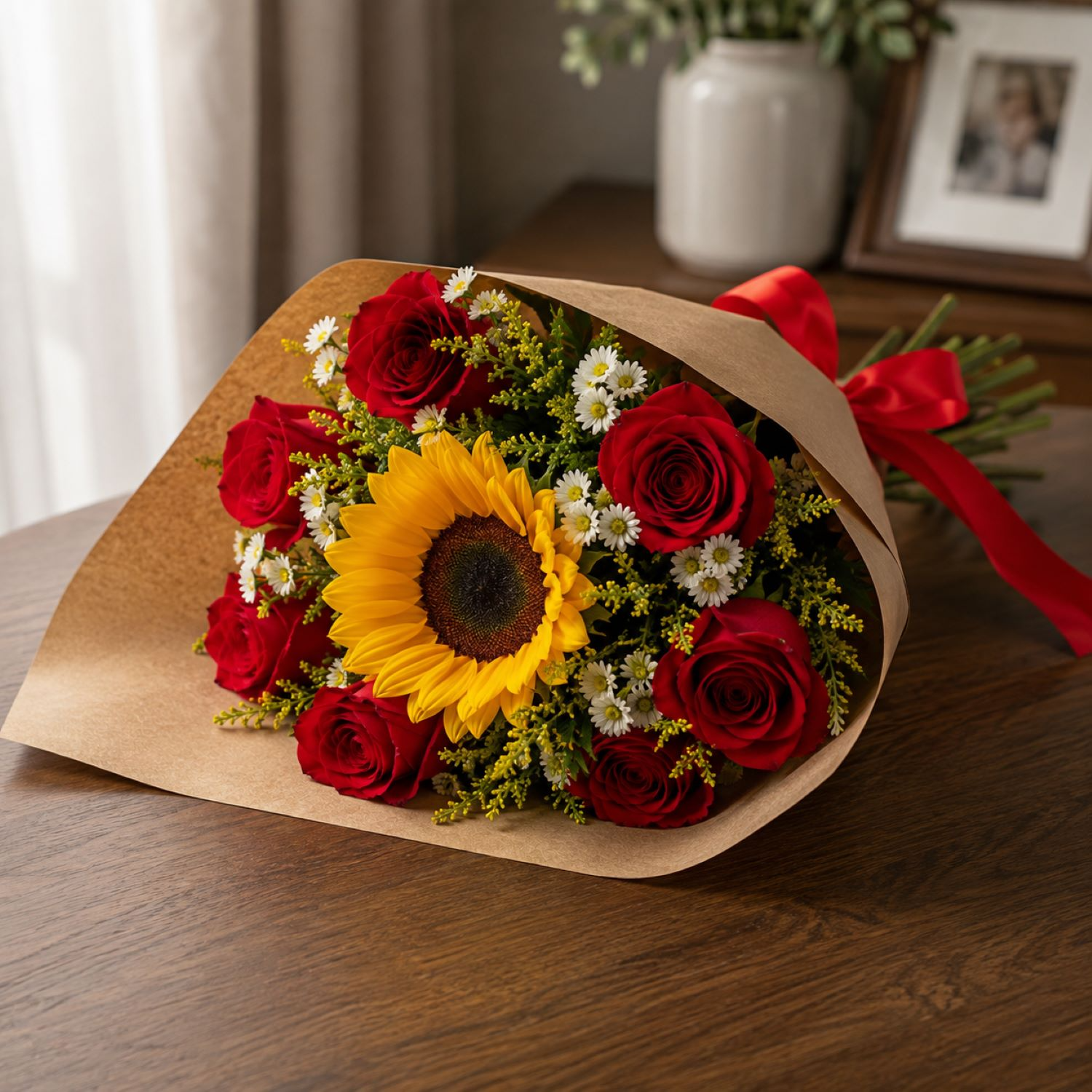 Buquê Rosas Vermelhas Com Único Girassol